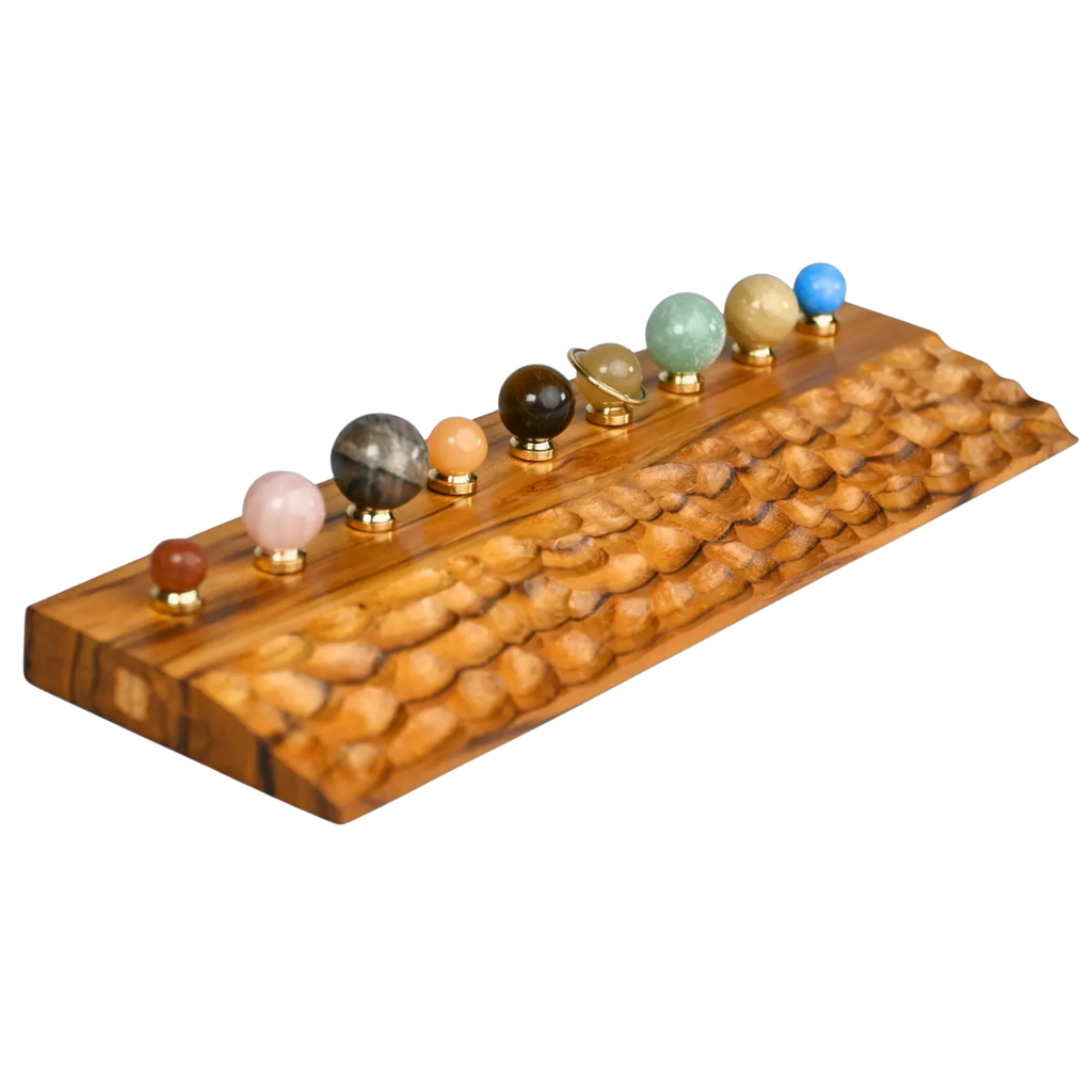 Gemstone Solar System Planetarium - 9 Crystal Planets Carved Wooden Base