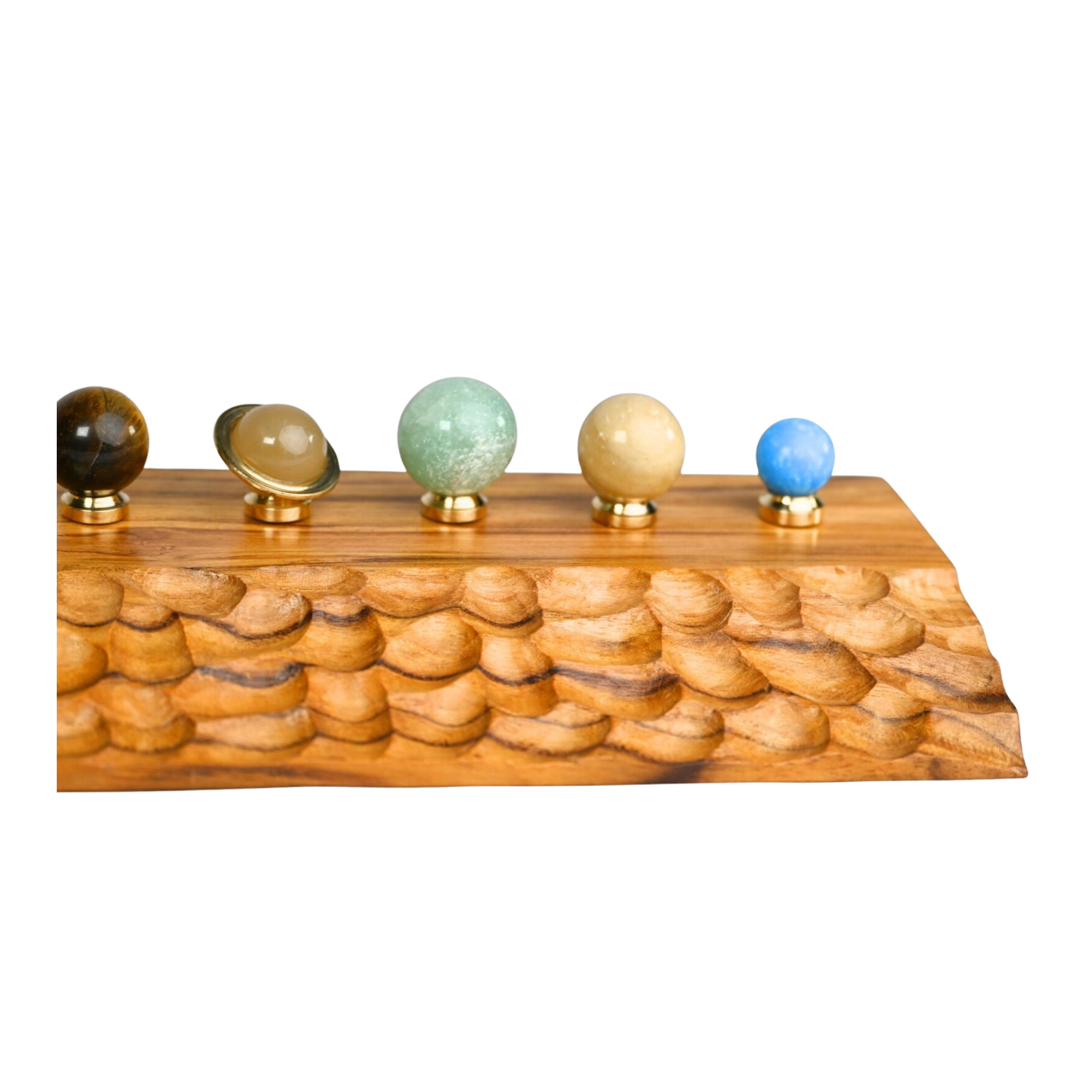 Gemstone Solar System Planetarium - 9 Crystal Planets Carved Wooden Base