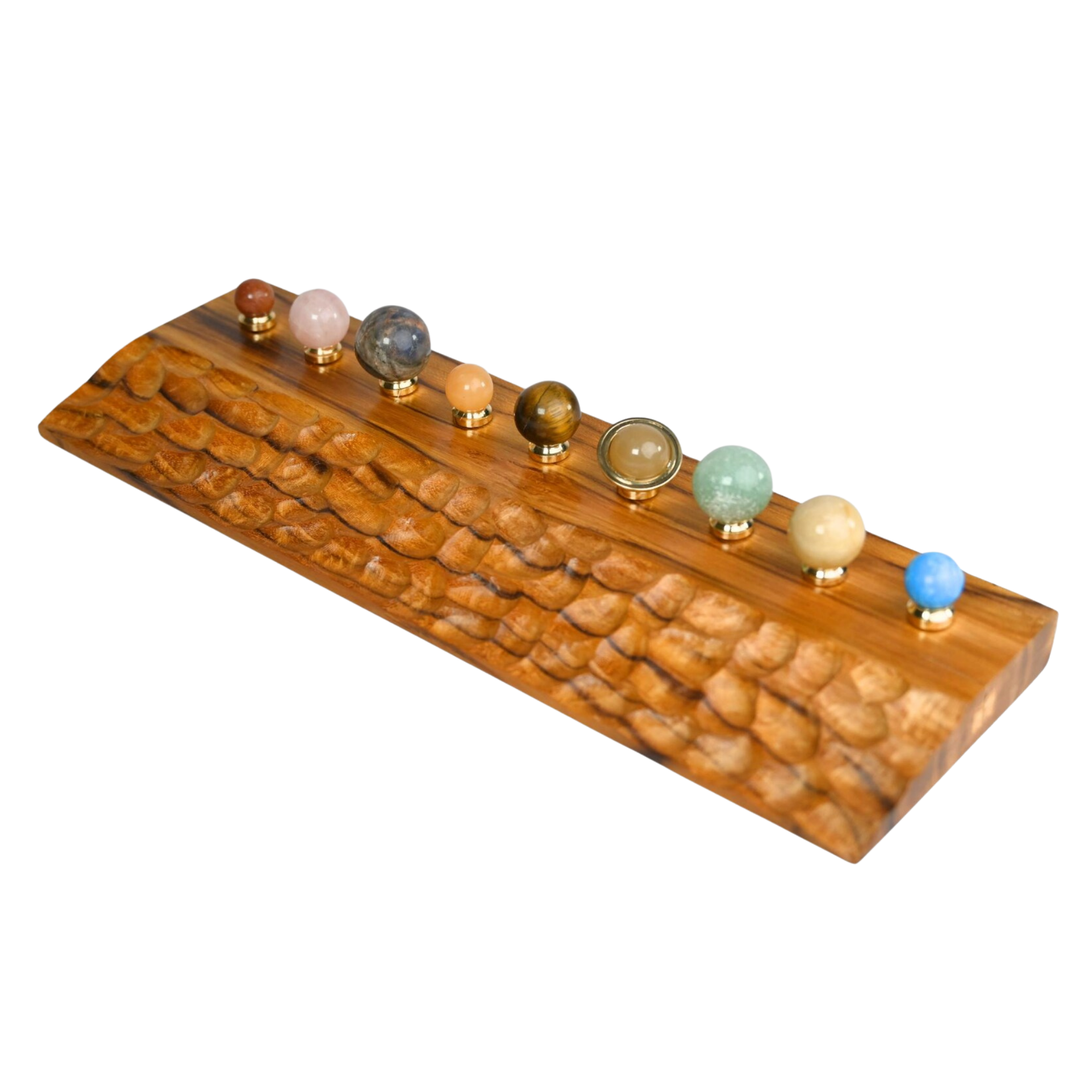 Gemstone Solar System Planetarium - 9 Crystal Planets Carved Wooden Base