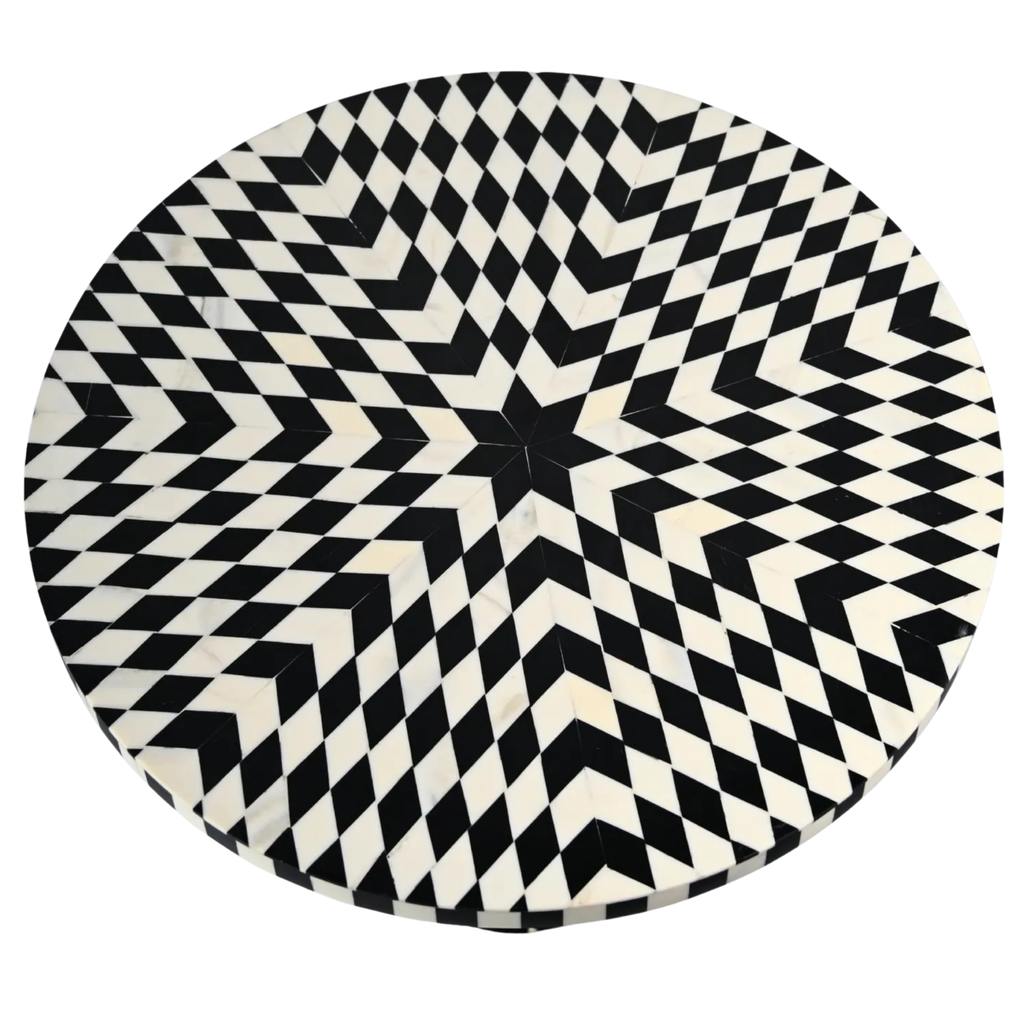 Black & White Resin Inlay Round Side Table - Handmade Geometric Brass Accent