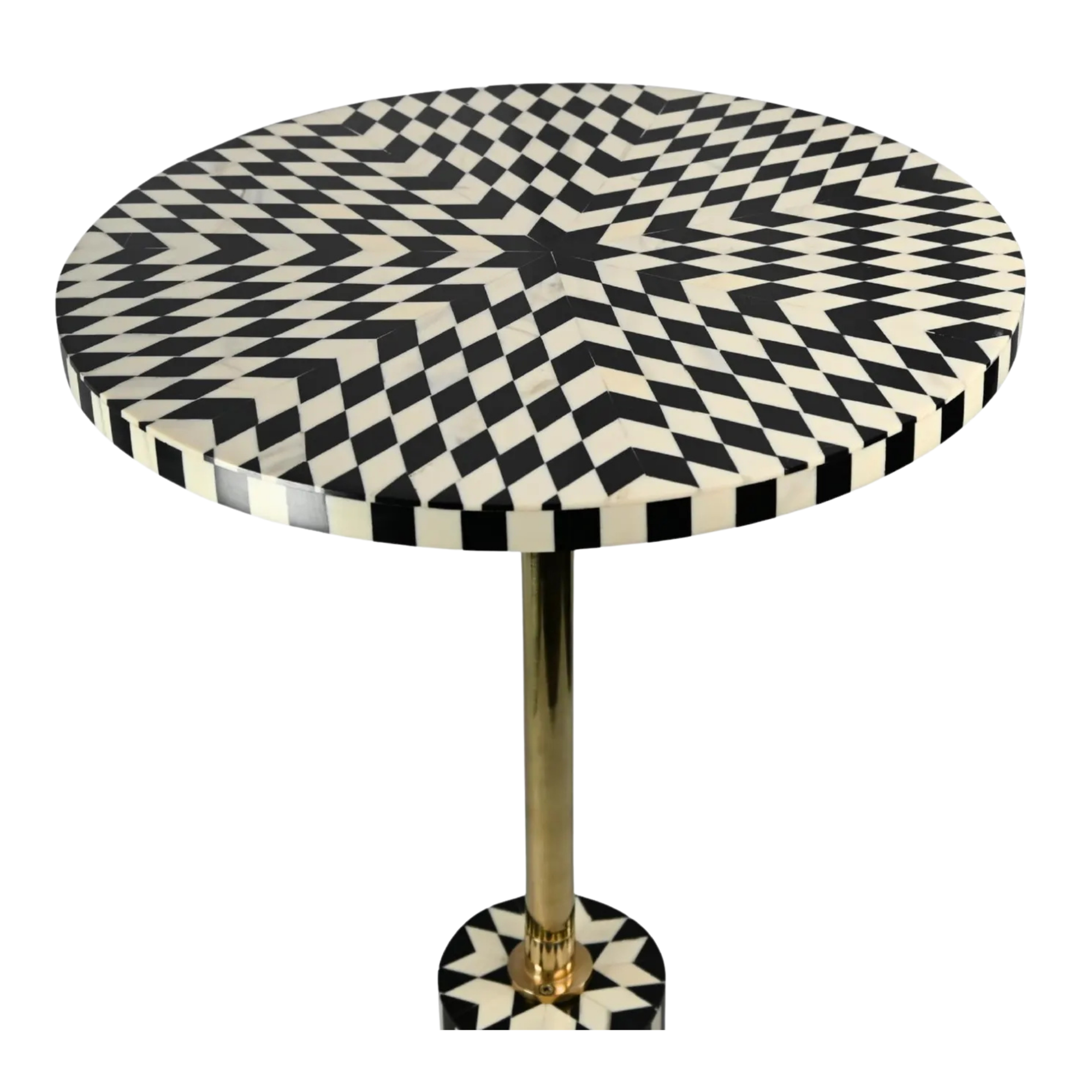 Black & White Resin Inlay Round Side Table - Handmade Geometric Brass Accent