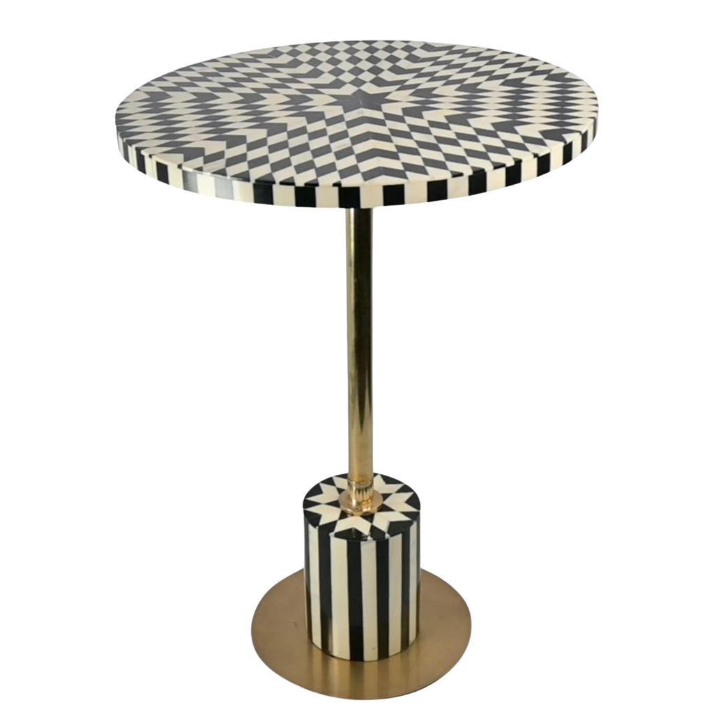 Black & White Resin Inlay Round Side Table - Handmade Geometric Brass Accent