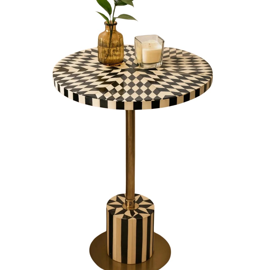 Black & White Resin Inlay Round Side Table - Handmade Geometric Brass Accent