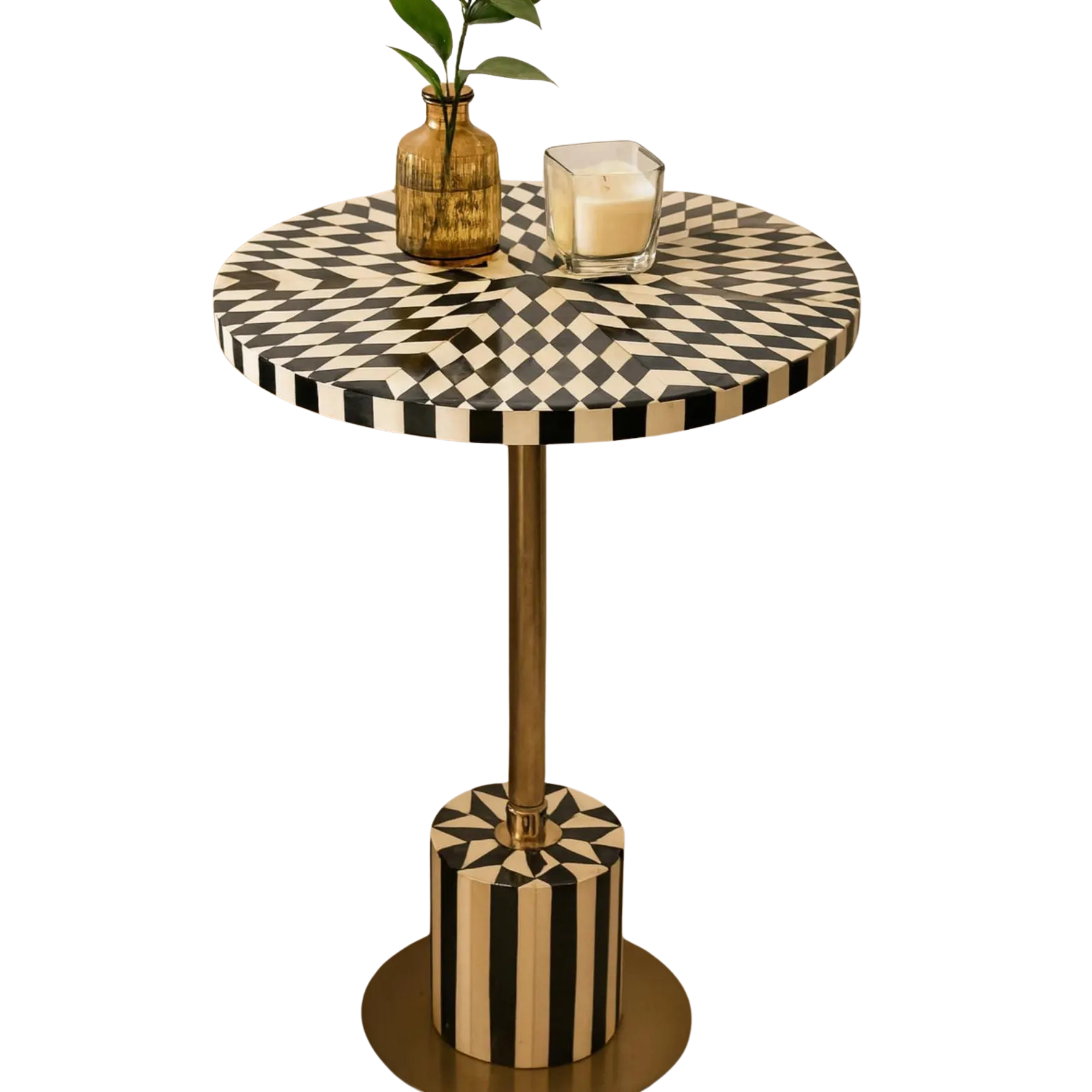 Black & White Resin Inlay Round Side Table - Handmade Geometric Brass Accent