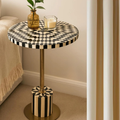 Black & White Resin Inlay Round Side Table - Handmade Geometric Brass Accent