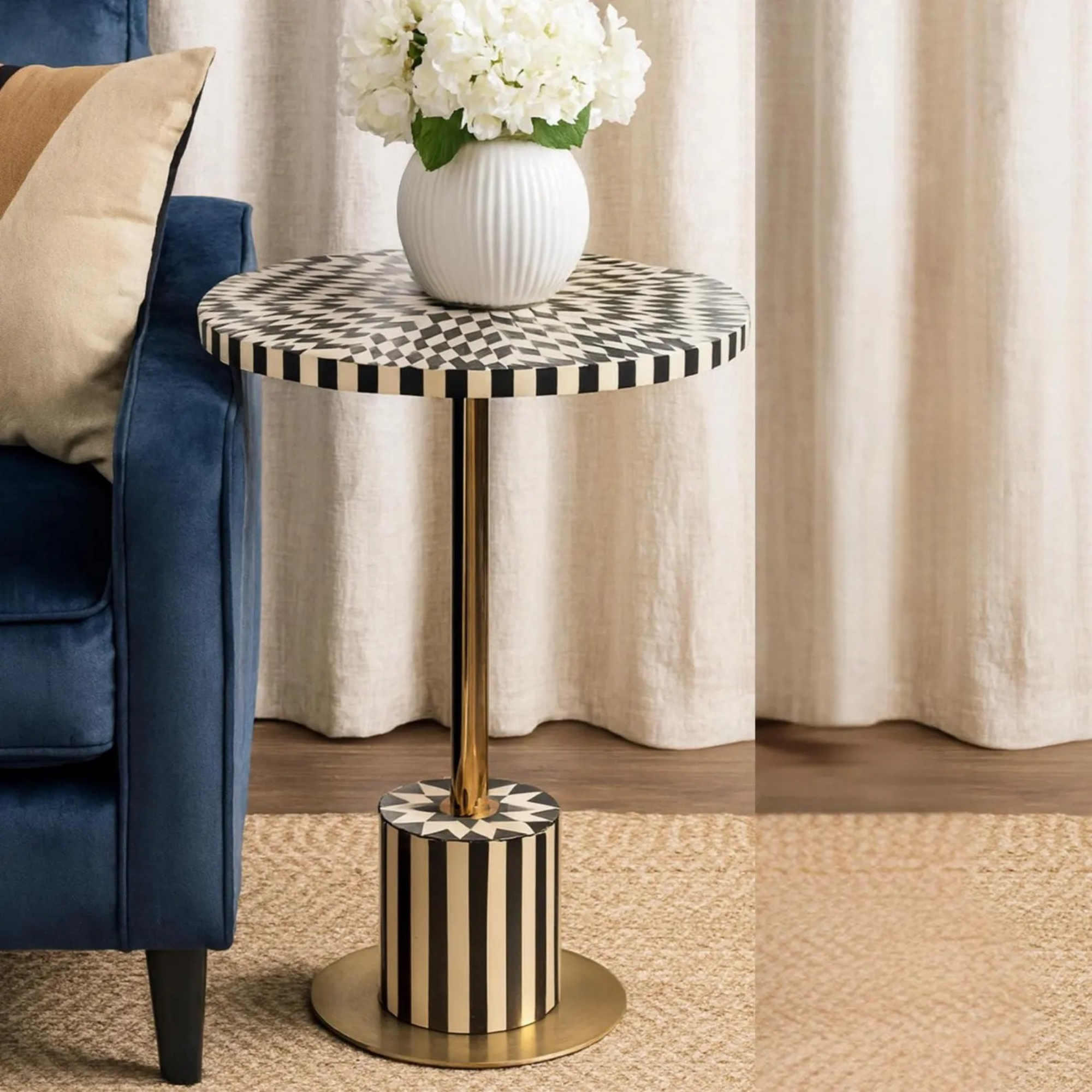 Black & White Resin Inlay Round Side Table - Handmade Geometric Brass Accent