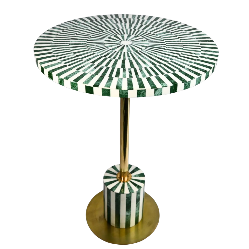 Green & White Resin Inlay Round Side Table - Handmade Striped Brass Accent