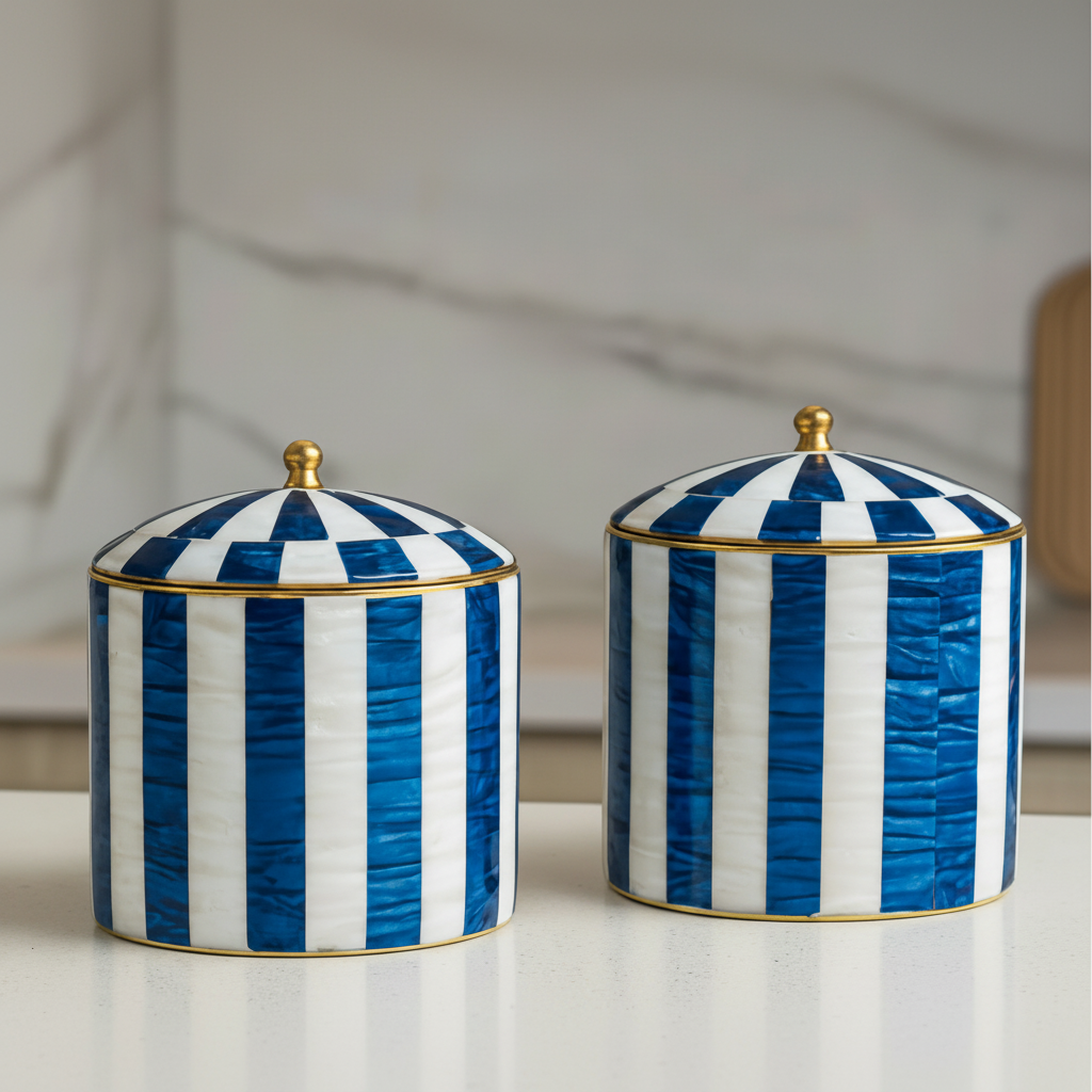 Blue & White Mother of Pearl Storage Jar - Handmade Brass Decorative Canister