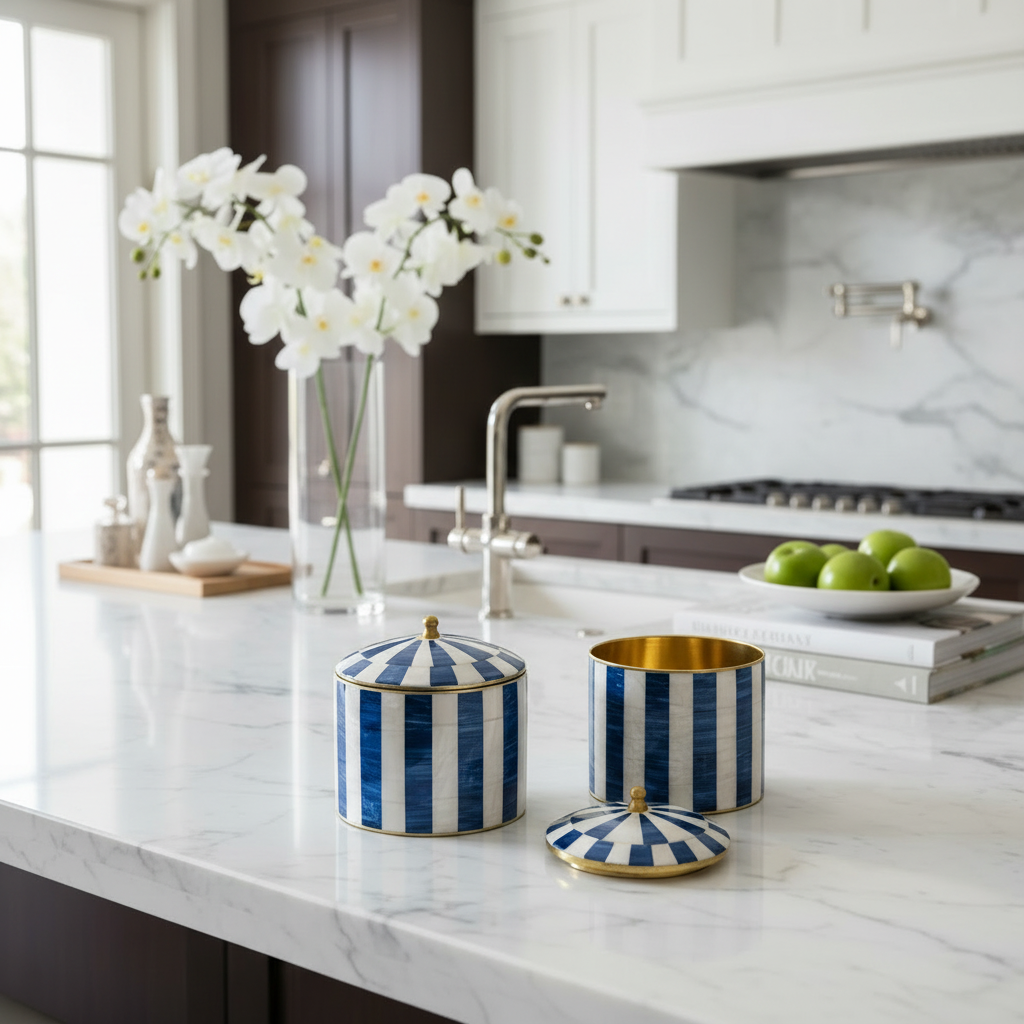 Blue & White Mother of Pearl Storage Jar - Handmade Brass Decorative Canister