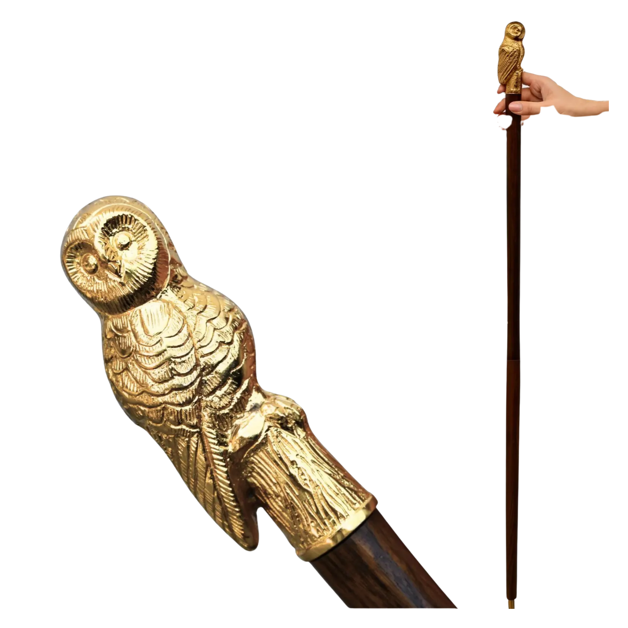 Brass Owl Walking Cane - Handcrafted Wooden Walking Stick Vintage Collectible