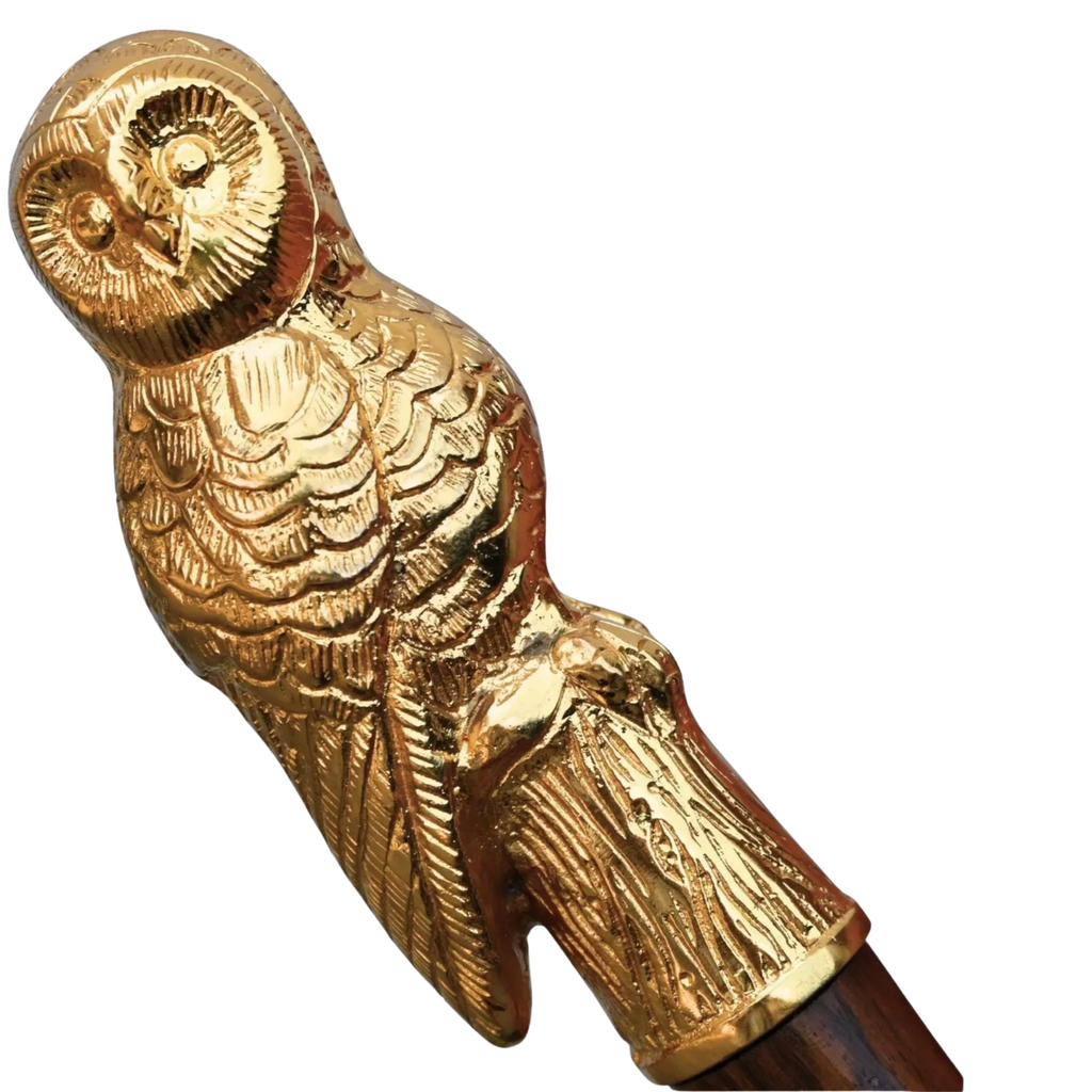Brass Owl Walking Cane - Handcrafted Wooden Walking Stick Vintage Collectible
