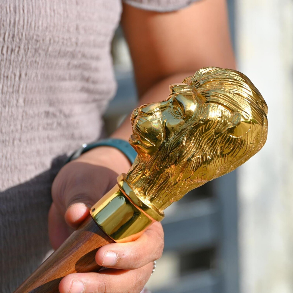 Brass Lion Head Walking Cane - Royal Style Wooden Walking Stick Vintage