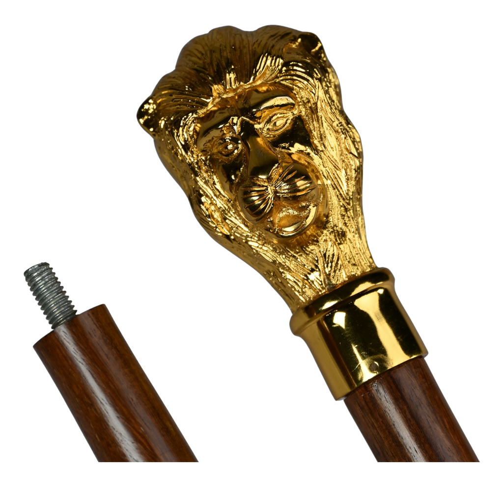 Brass Lion Head Walking Cane - Royal Style Wooden Walking Stick Vintage