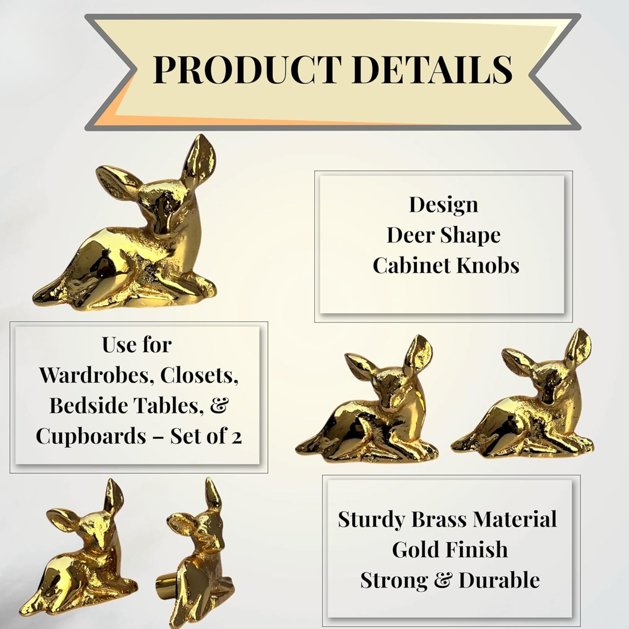 Shiny Brass Deer Cabinet Knobs – Animal Drawer Pulls for Dresser, Cupboard & Woodland Furniture | Golden Fawn Shape Hardware Handle (Pack of 2)