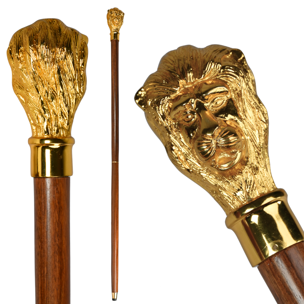 Brass Lion Head Walking Cane - Royal Style Wooden Walking Stick Vintage