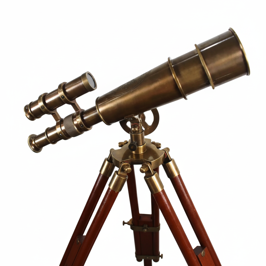 Vintage Brass Telescope with Wooden Tripod - Nautical Floor Standing Decor