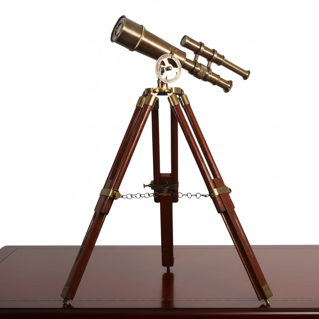 Vintage Brass Telescope with Wooden Tripod - Nautical Floor Standing Decor