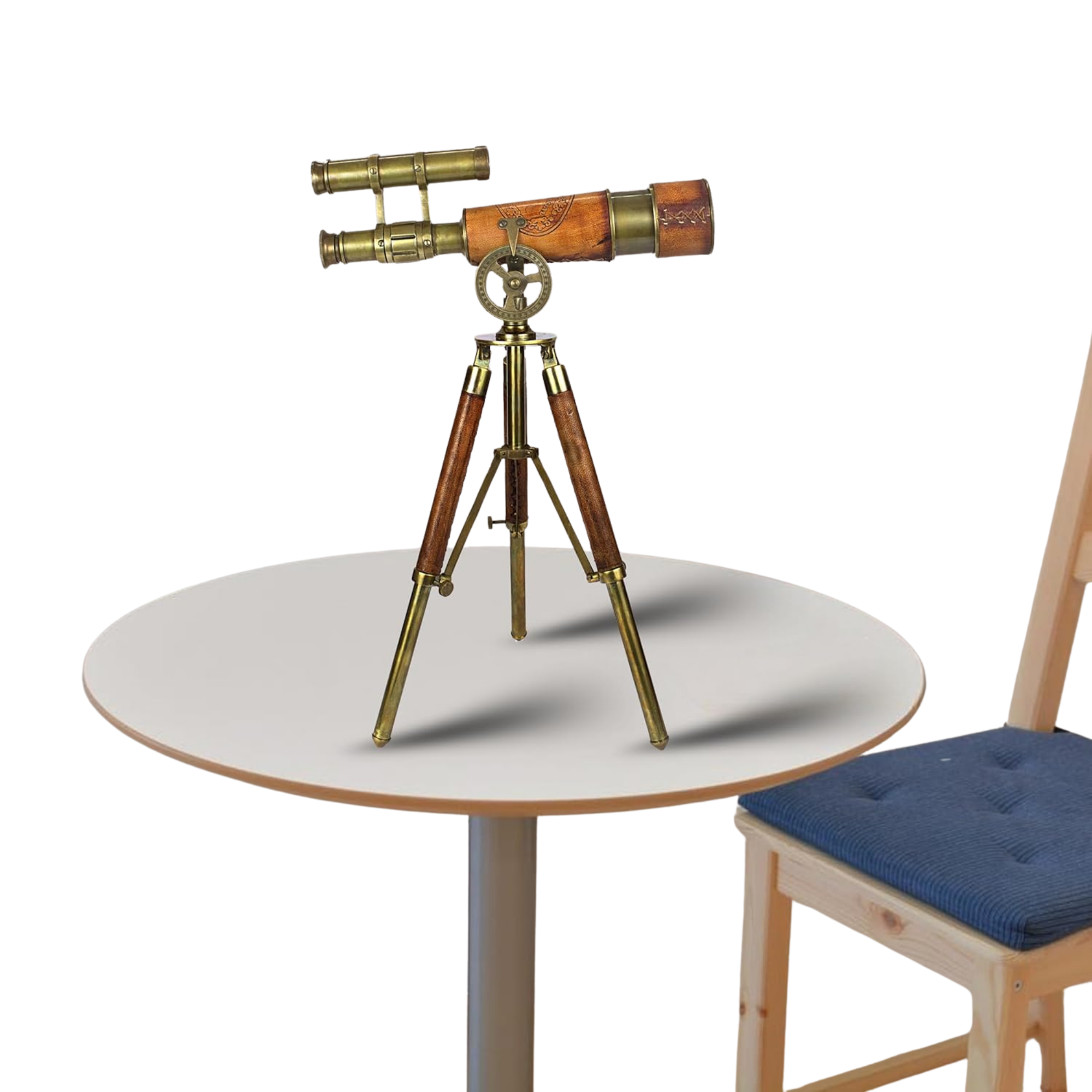 Brass Spyglass Telescope Red Leather - 15x Magnification Wooden Tripod Nautical