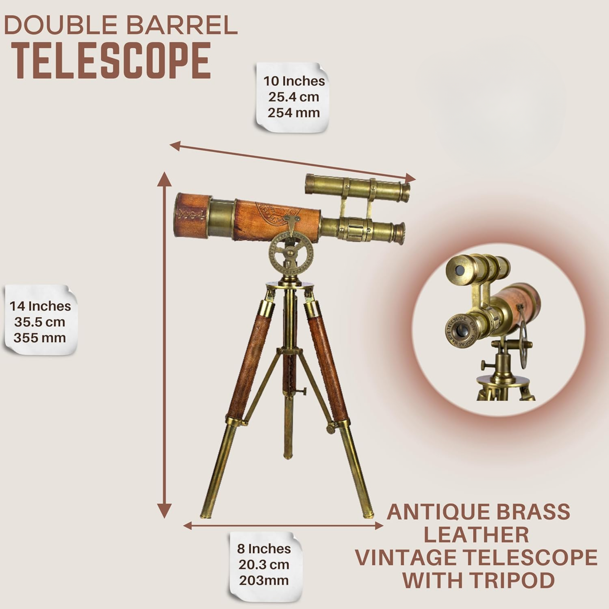 Brass Spyglass Telescope Red Leather - 15x Magnification Wooden Tripod Nautical