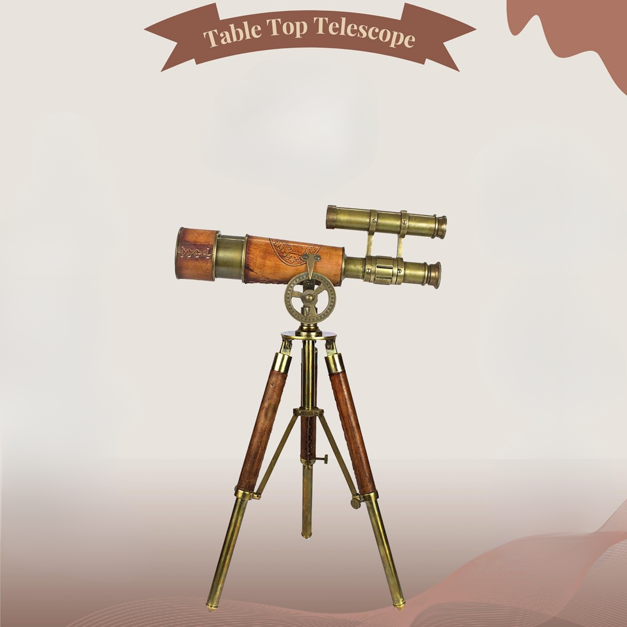 Brass Spyglass Telescope Red Leather - 15x Magnification Wooden Tripod Nautical