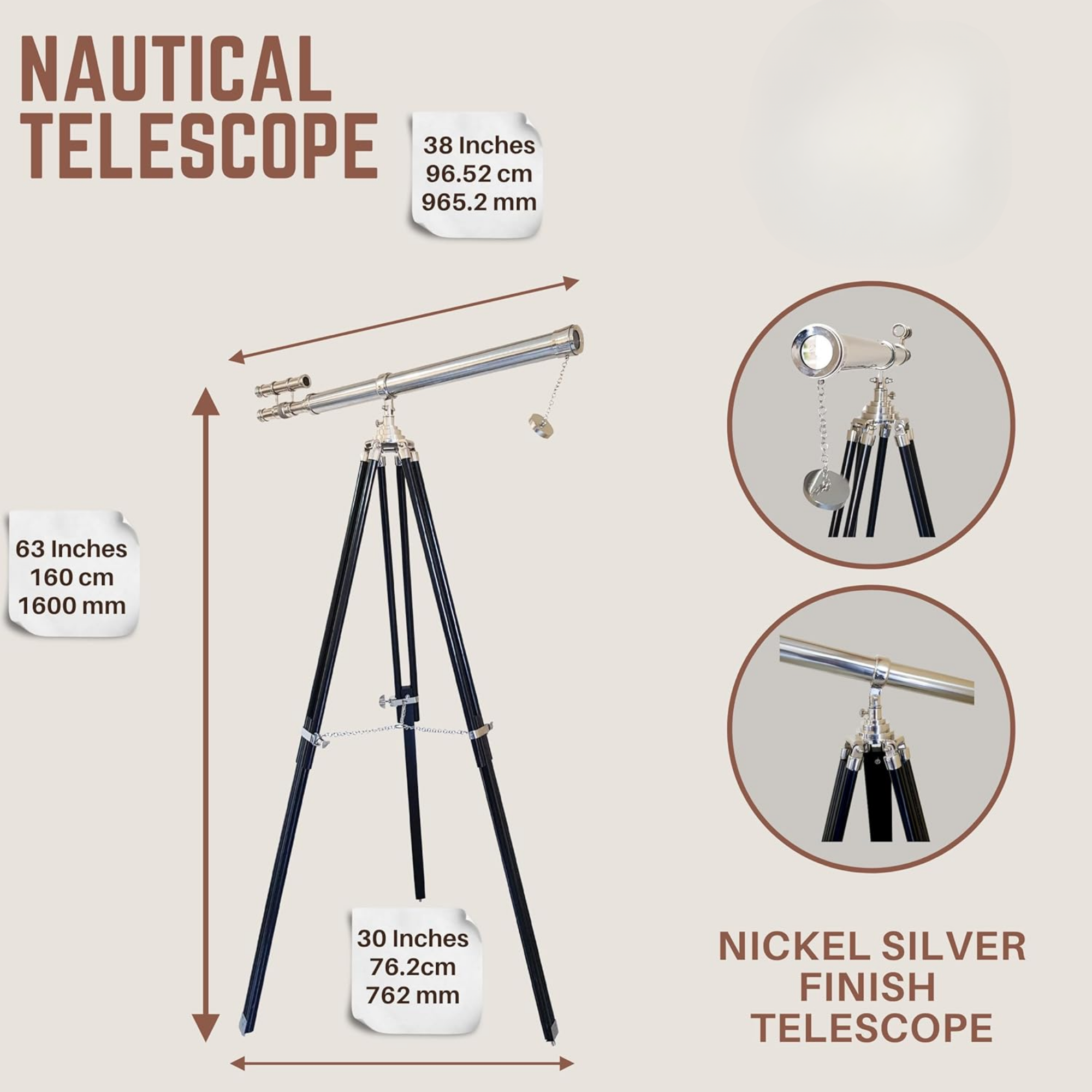 Nickel Silver Telescope - Floor Standing Black Tripod Navy Style 63 Inch