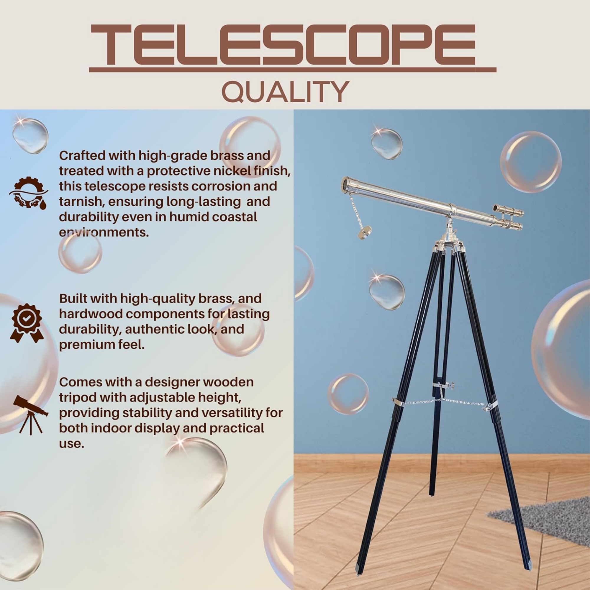 Nickel Silver Telescope - Floor Standing Black Tripod Navy Style 63 Inch