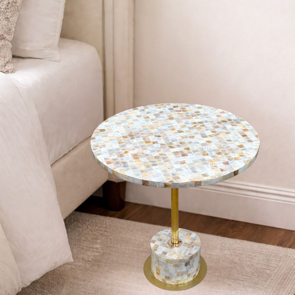 Mother of Pearl Side Table - Handcrafted Brass Accent | Luxury Bedside