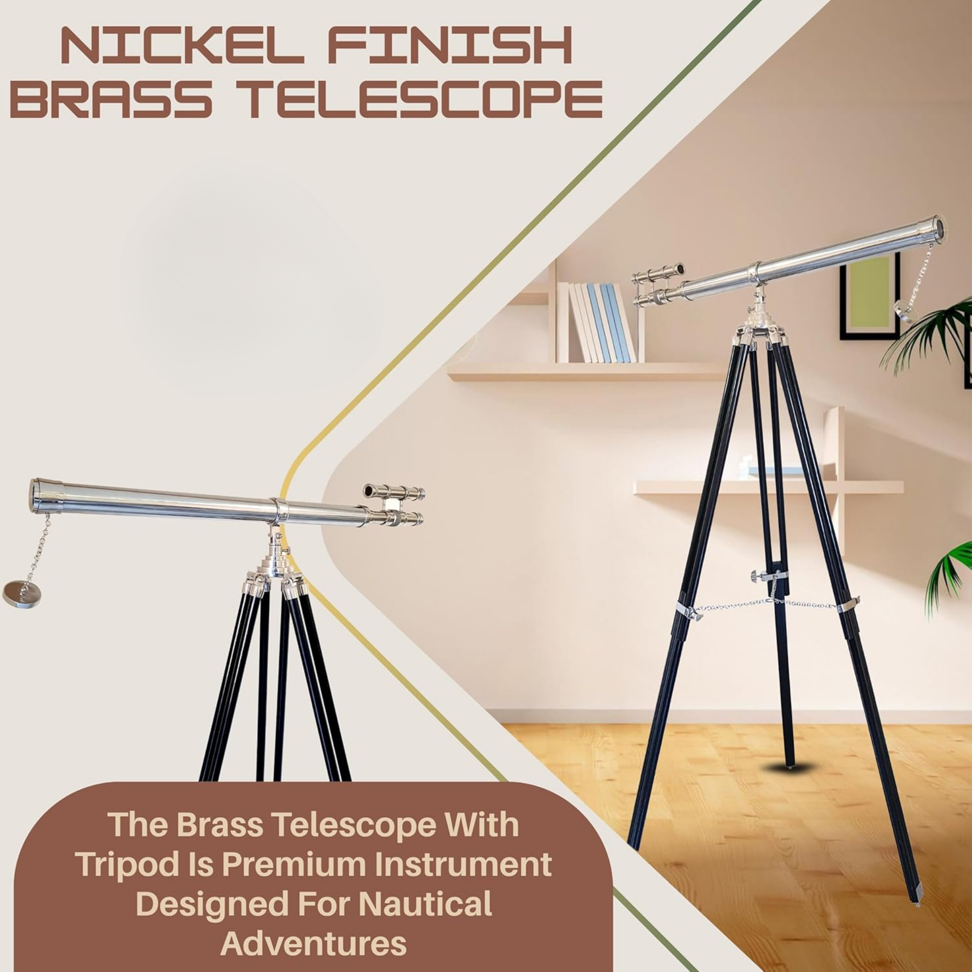 Nickel Silver Telescope - Floor Standing Black Tripod Navy Style 63 Inch