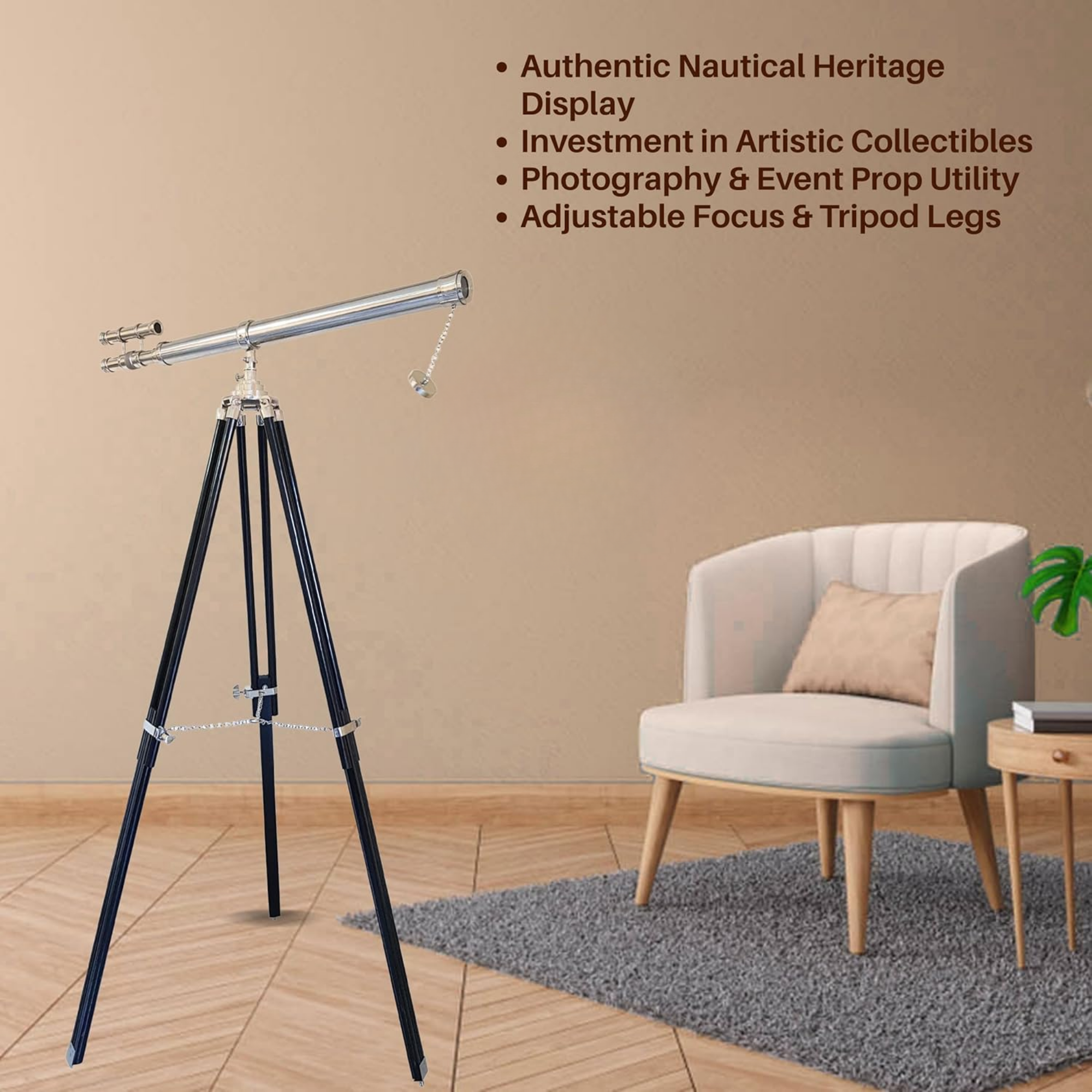 Nickel Silver Telescope - Floor Standing Black Tripod Navy Style 63 Inch