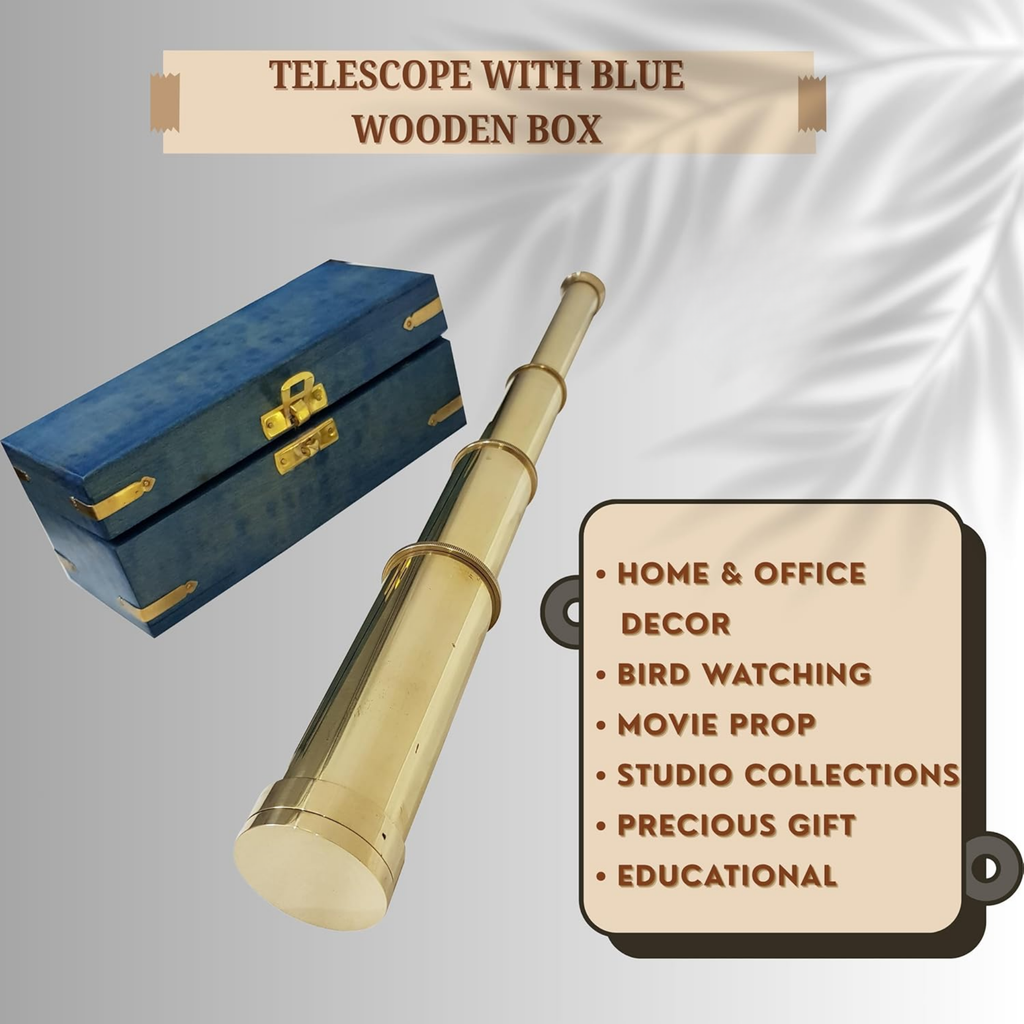 Brass Pirate Spyglass Telescope - 15x Magnification Blue Wooden Box Handheld