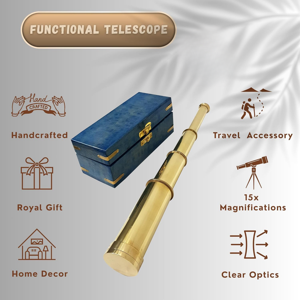 Brass Pirate Spyglass Telescope - 15x Magnification Blue Wooden Box Handheld