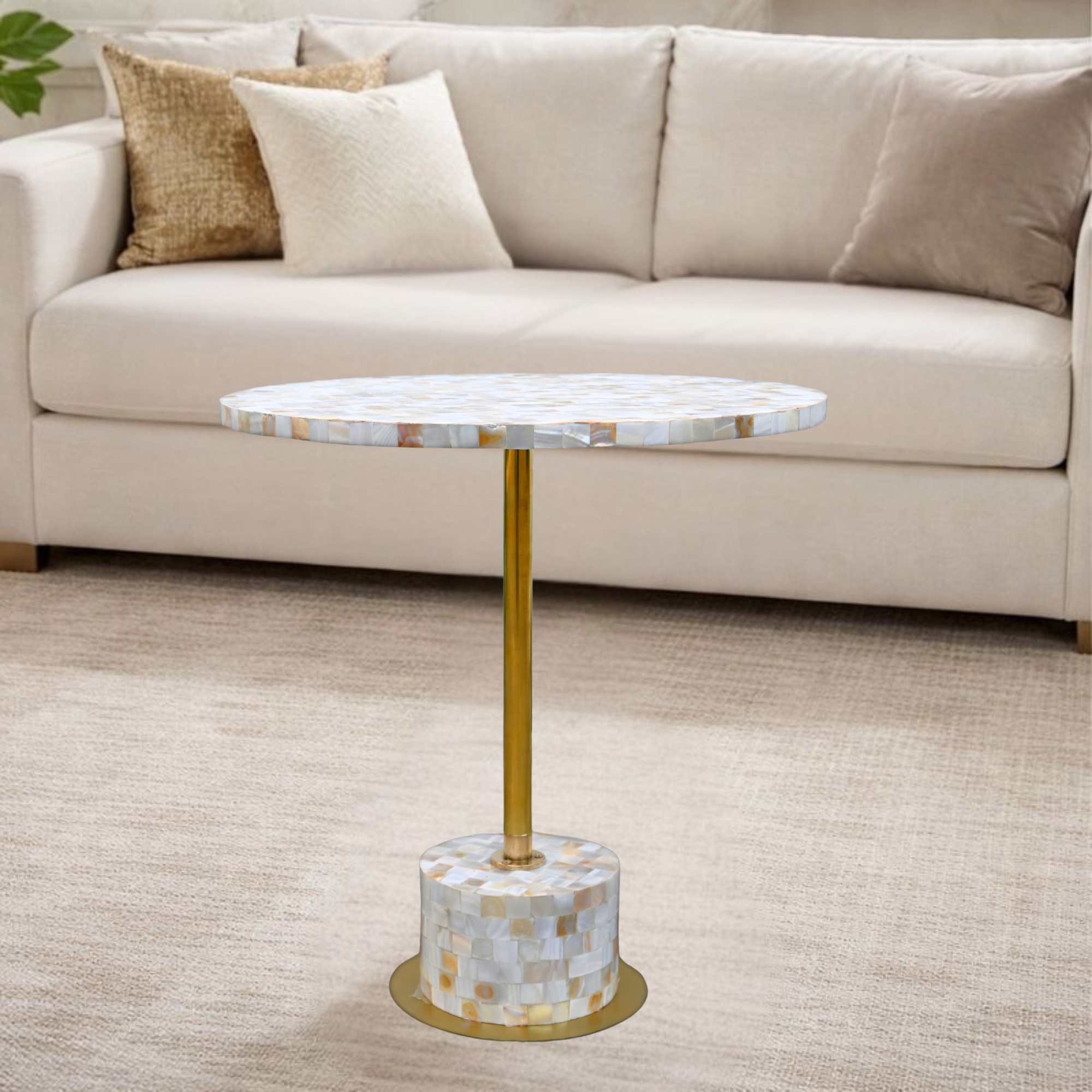 Mother of Pearl Side Table - Handcrafted Brass Accent | Luxury Bedside