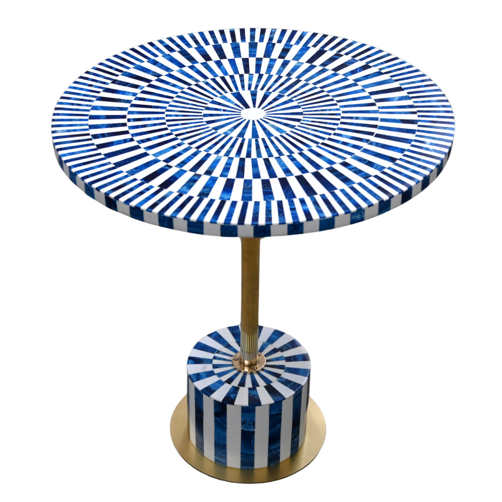 Blue & White Resin Inlay Round Side Table - Handcrafted Brass Accent