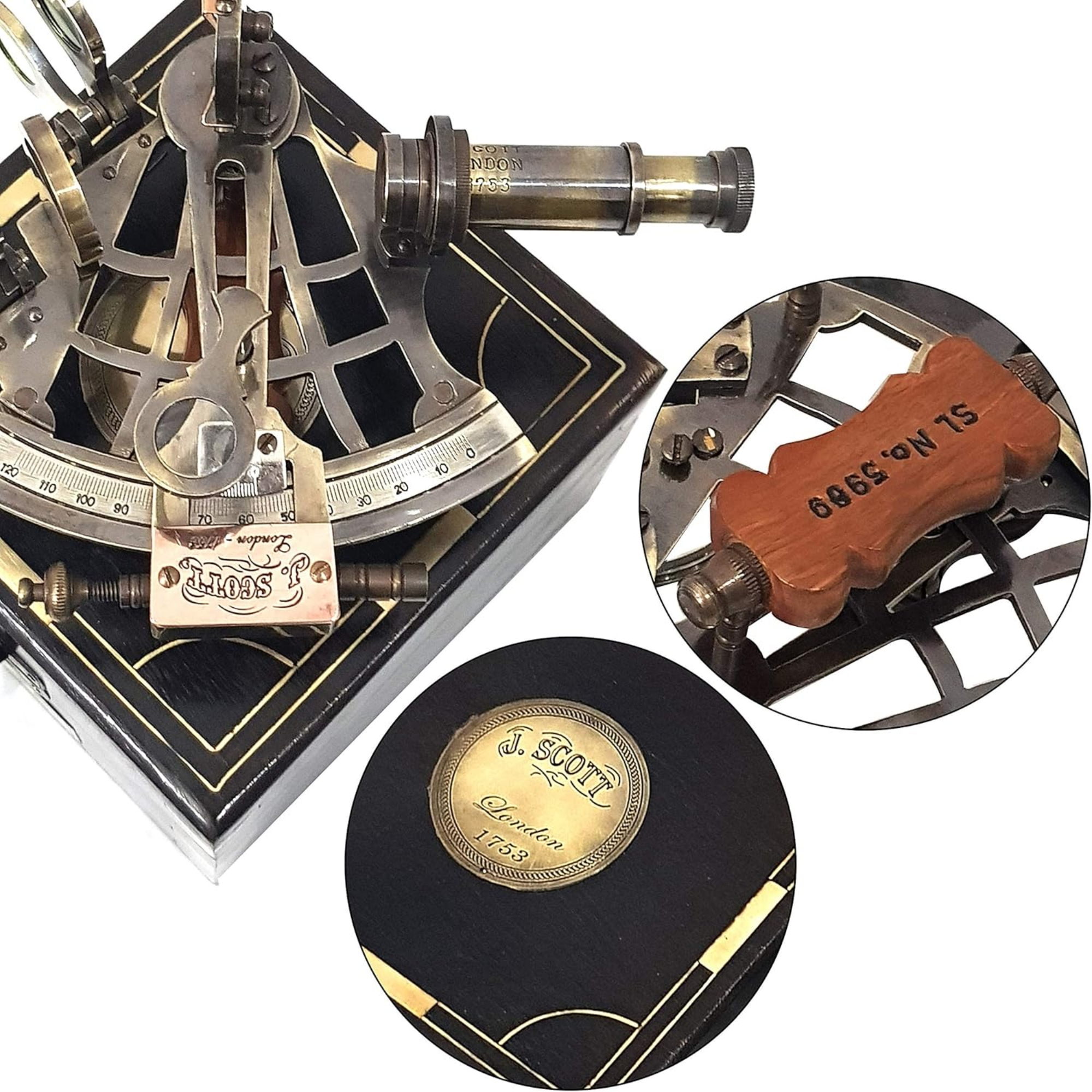 J Scott London Brass Sextant 5 Inch - Educational Calibrated Wooden Box