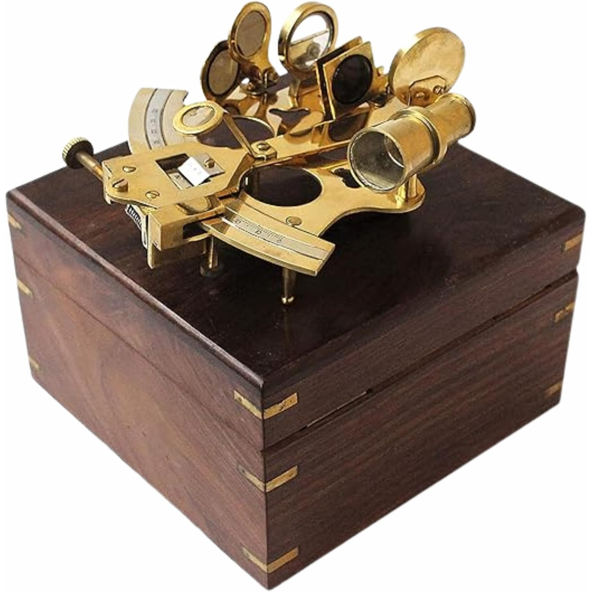 Vintage Brass Marine Sextant - Shiny Antique Wooden Box Navigation Instrument