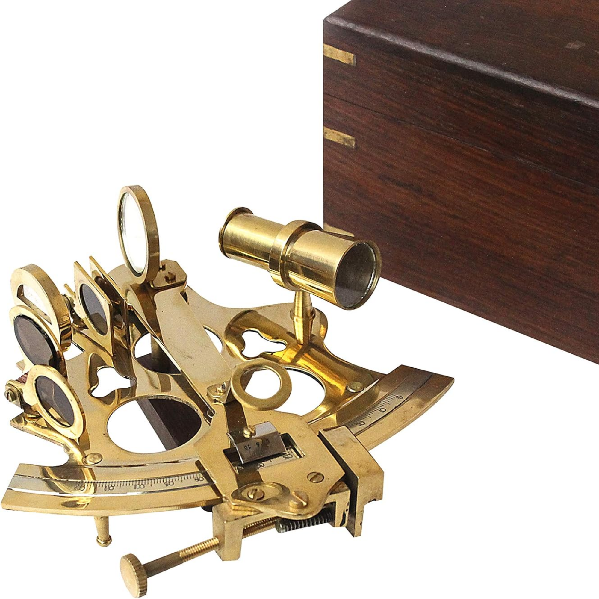 Vintage Brass Marine Sextant - Shiny Antique Wooden Box Navigation Instrument