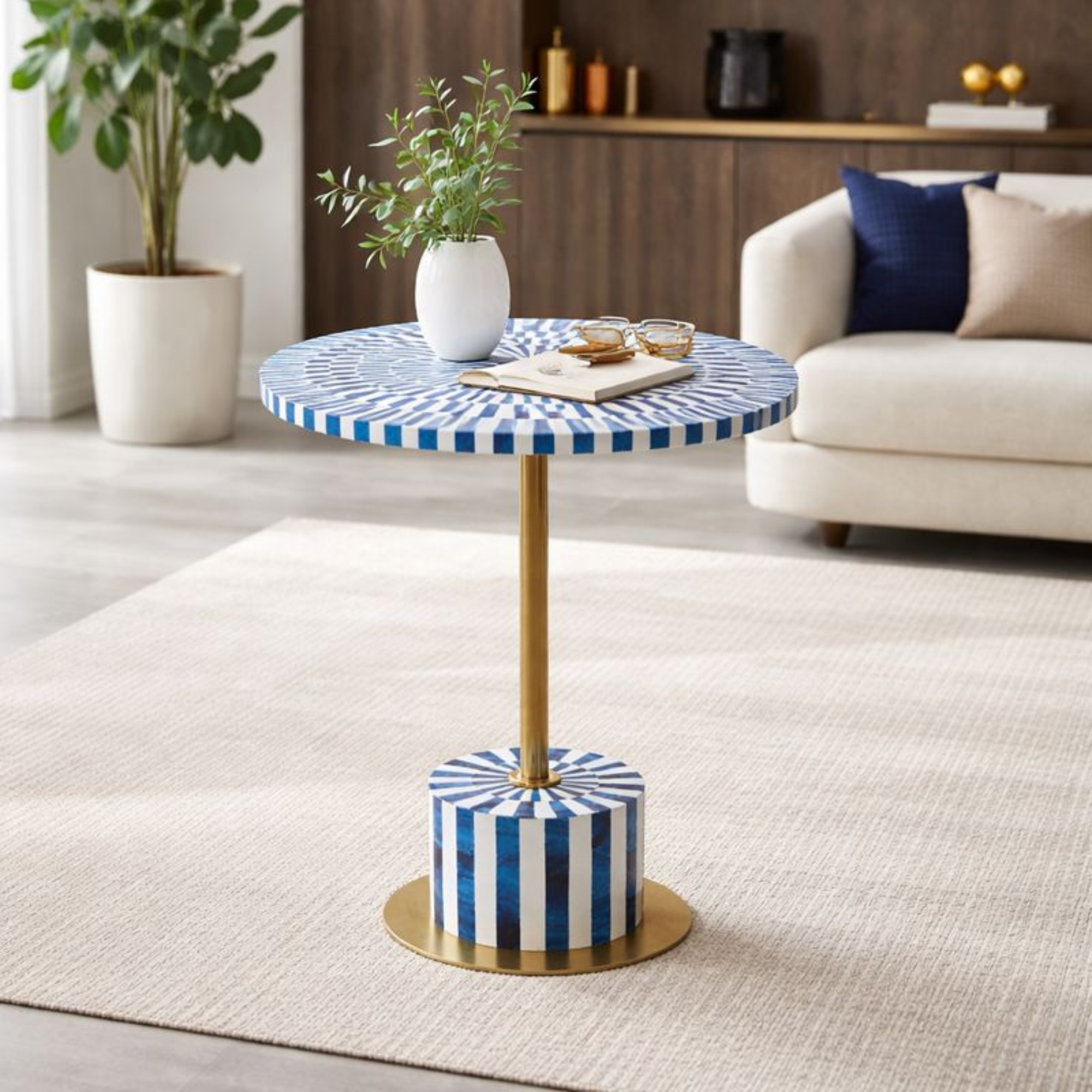Blue & White Resin Inlay Round Side Table - Handcrafted Brass Accent
