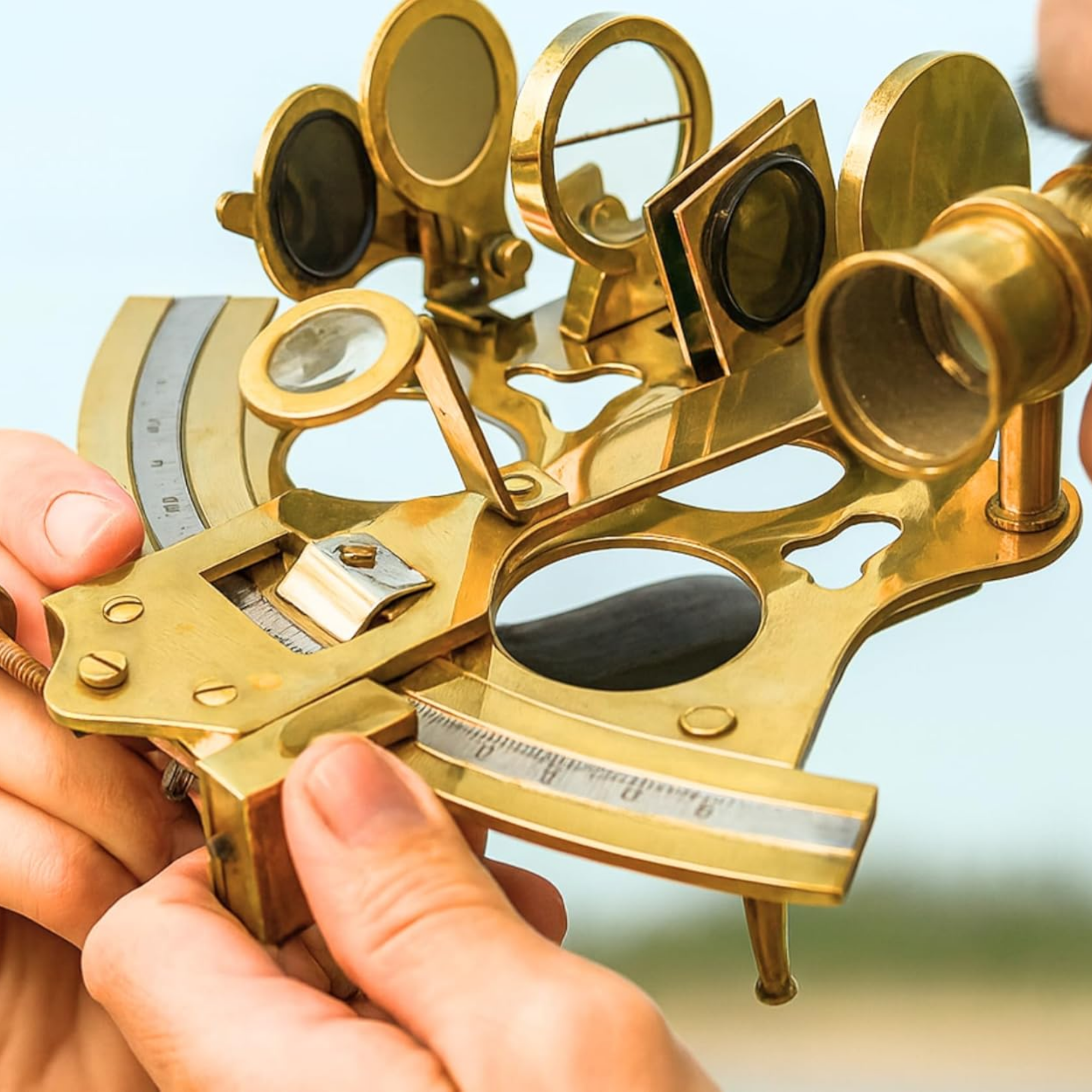 Vintage Brass Marine Sextant - Shiny Antique Wooden Box Navigation Instrument