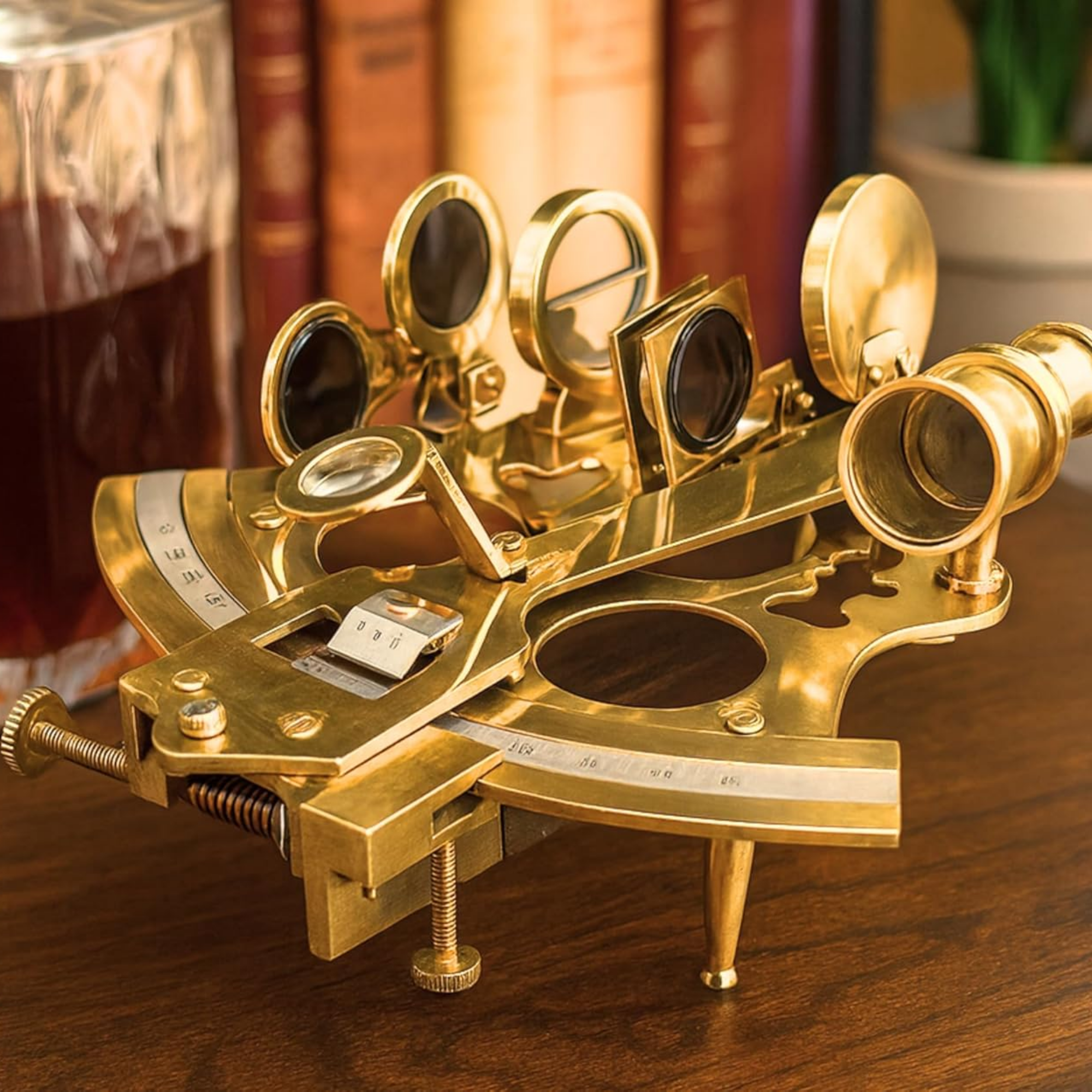 Vintage Brass Marine Sextant - Shiny Antique Wooden Box Navigation Instrument