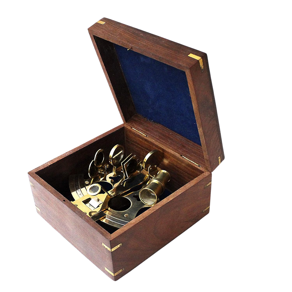 Vintage Brass Marine Sextant - Shiny Antique Wooden Box Navigation Instrument