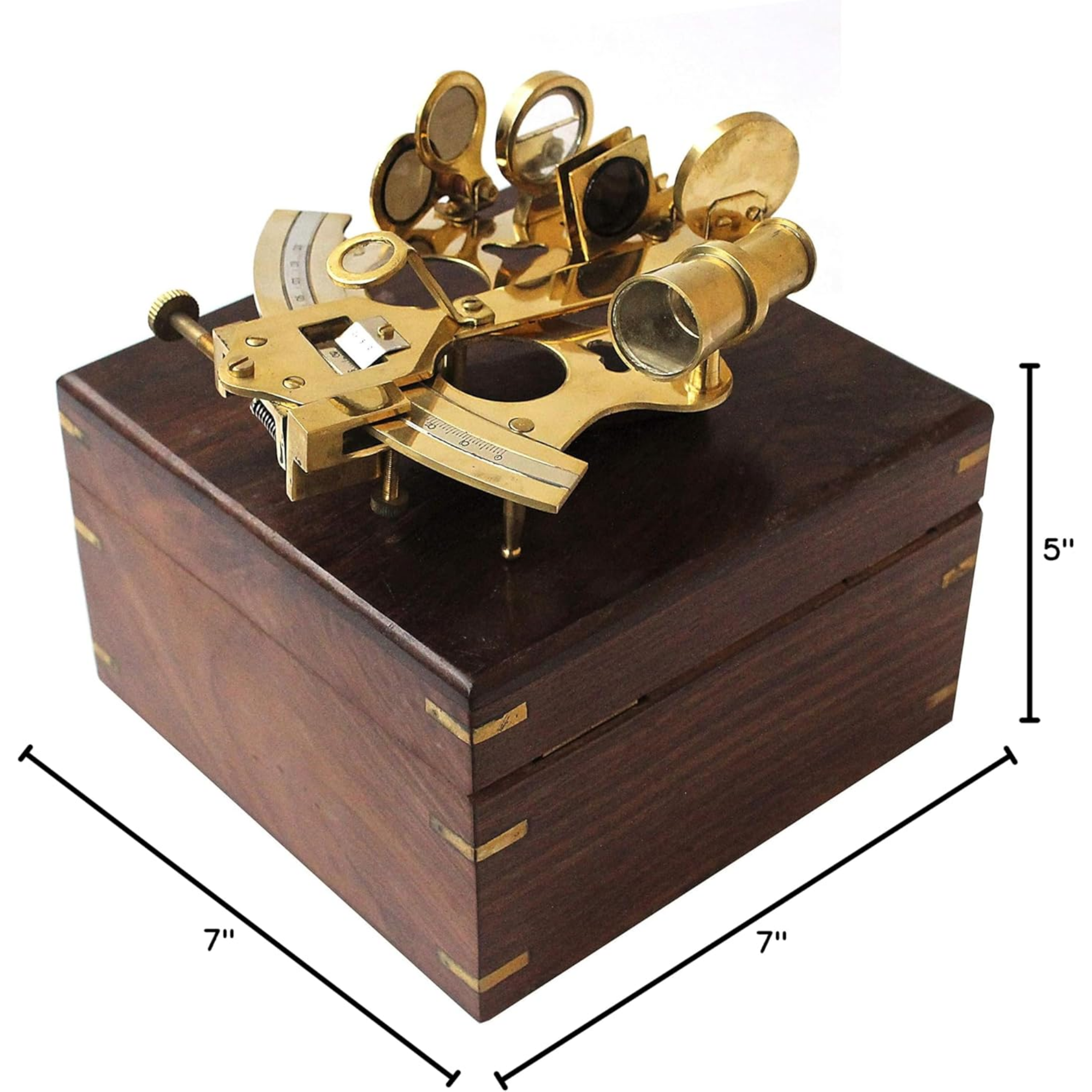 Vintage Brass Marine Sextant - Shiny Antique Wooden Box Navigation Instrument