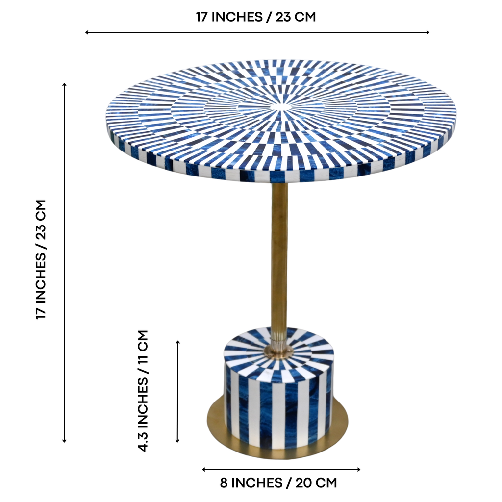 Blue & White Resin Inlay Round Side Table - Handcrafted Brass Accent