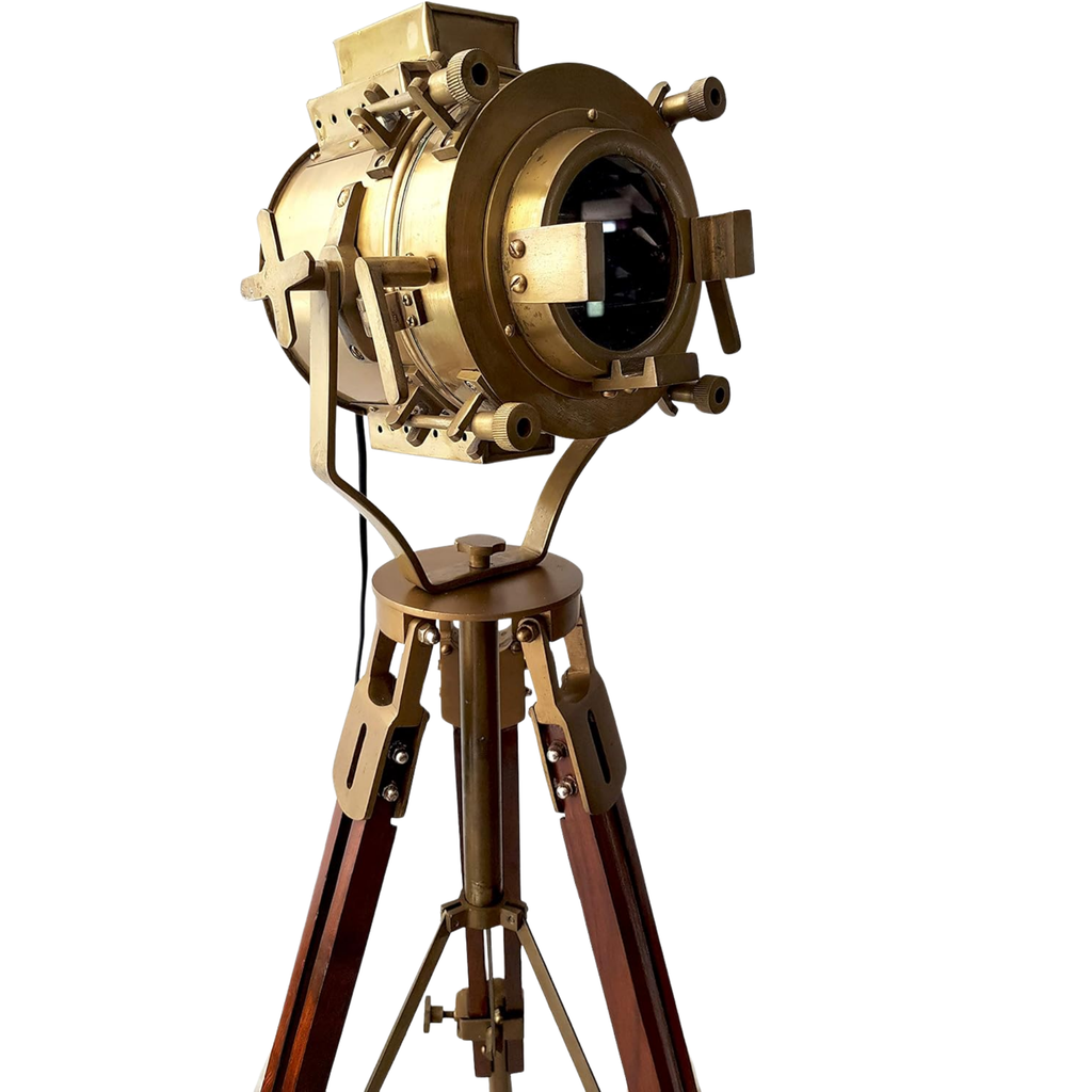 Antique Theater Tripod Marine Searchlight - LED Wooden Tripod Floor Lamp 45 Inch