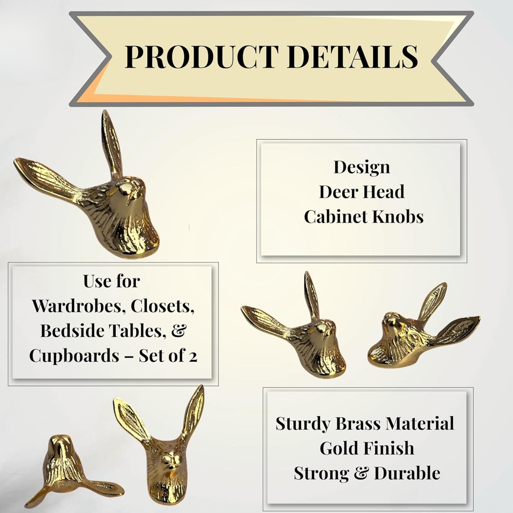 Shiny Brass Deer Head Cabinet Knobs – Animal Drawer Pulls for Home Office Furniture Kitchen Cabinets Dressers
