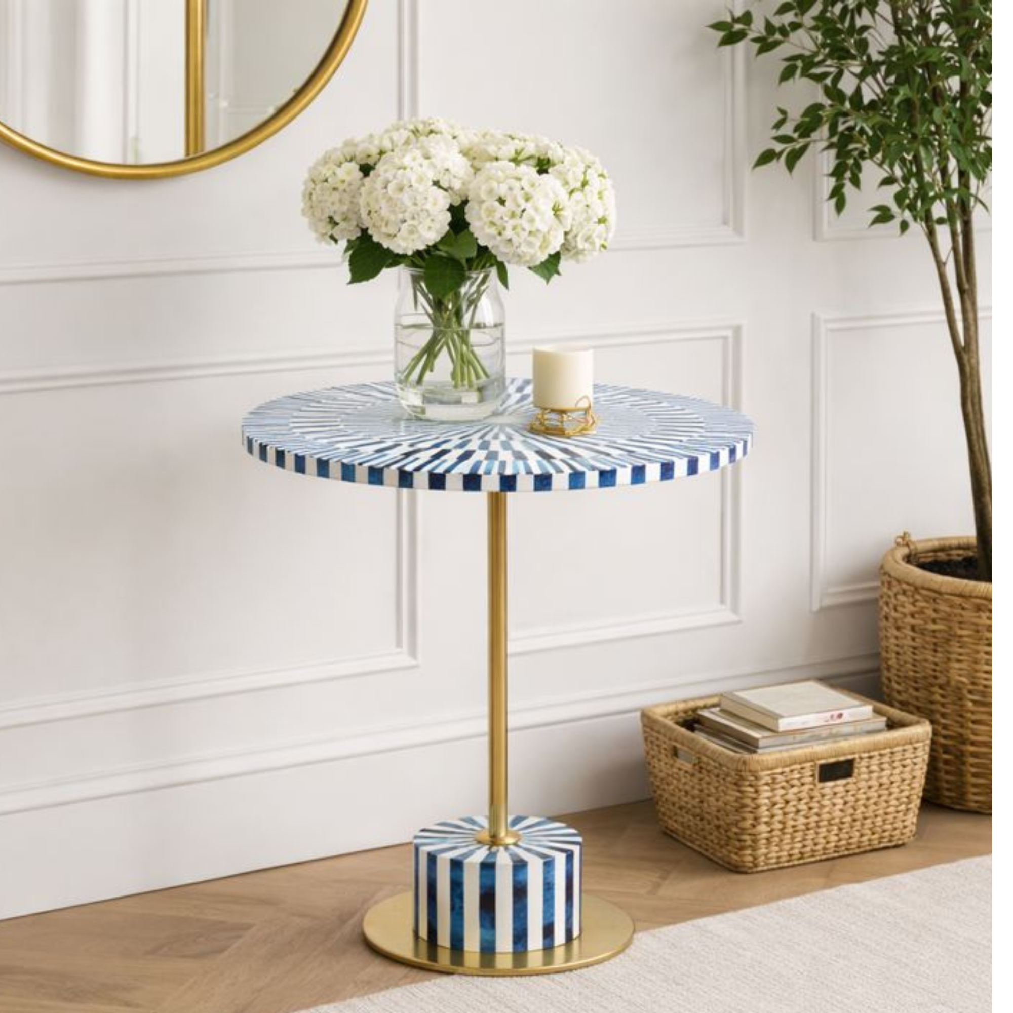 Blue & White Resin Inlay Round Side Table - Handcrafted Brass Accent