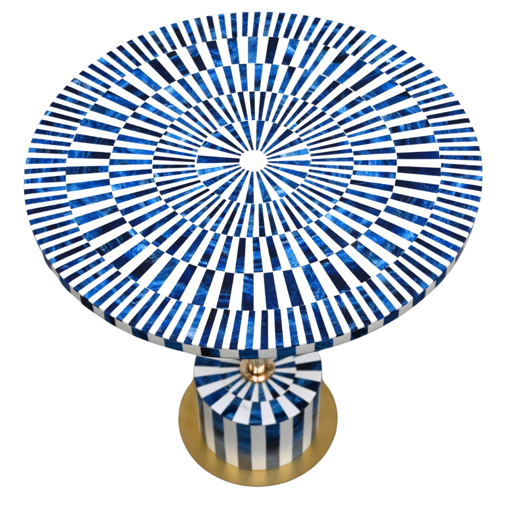 Blue & White Resin Inlay Round Side Table - Handcrafted Brass Accent