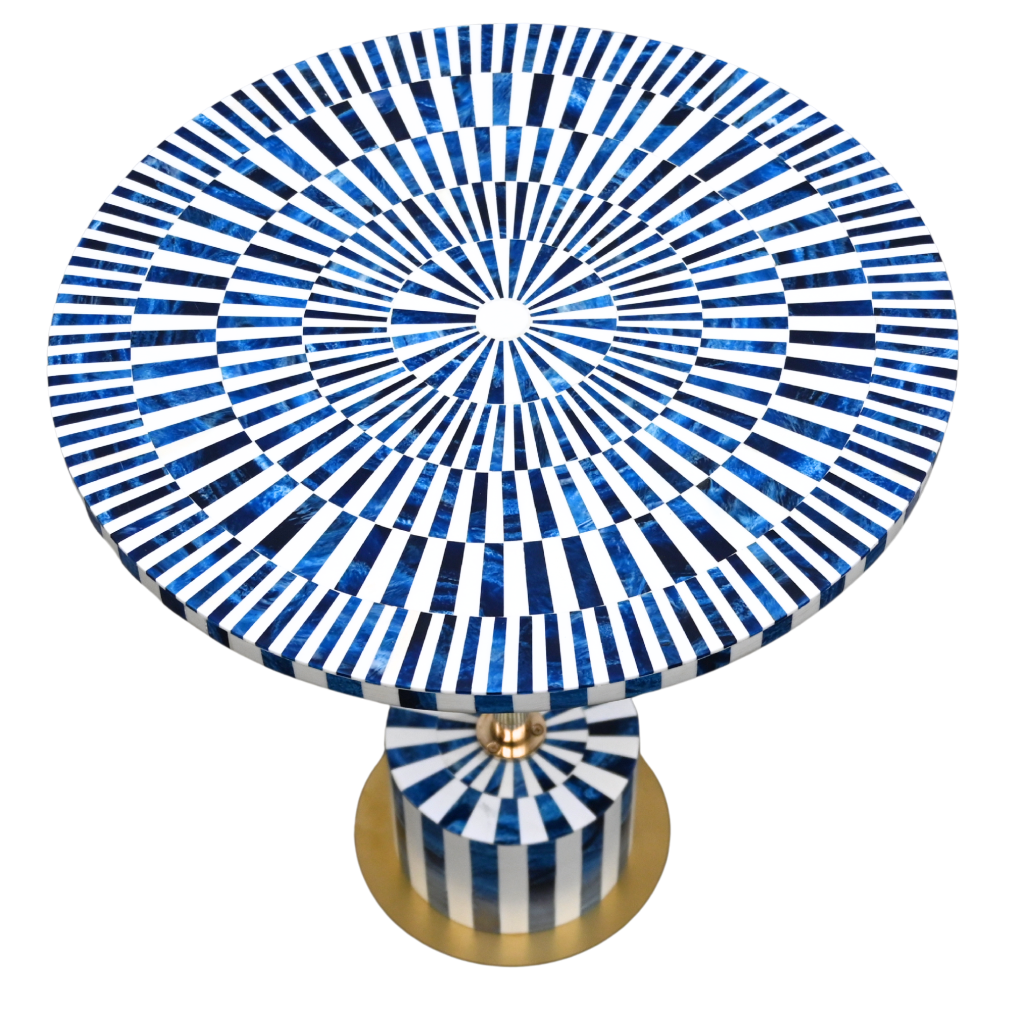 Blue & White Resin Inlay Round Side Table - Handcrafted Brass Accent