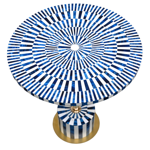 Blue & White Resin Inlay Round Side Table - Handcrafted Brass Accent