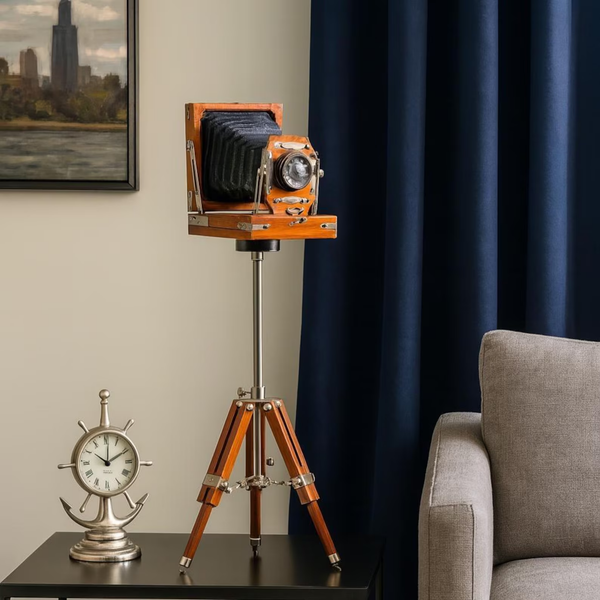 Vintage Camera Replica with Wooden Tripod - Handmade Antique Film Camera Decor