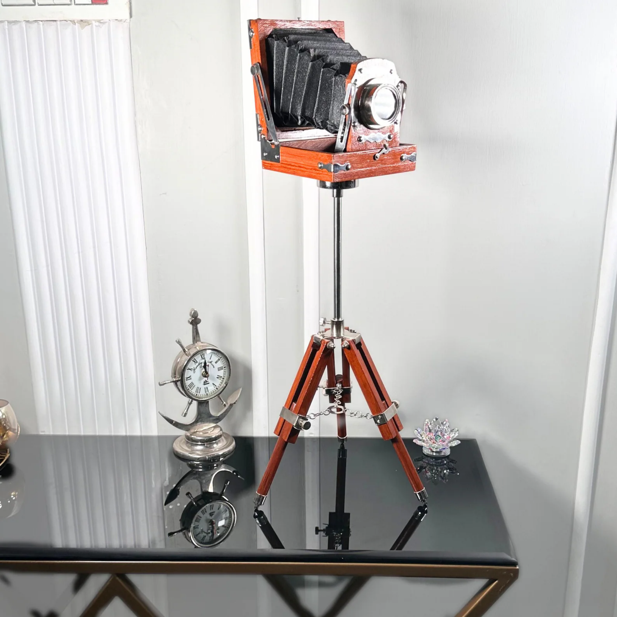 Vintage Camera Replica with Wooden Tripod - Handmade Antique Film Camera Decor